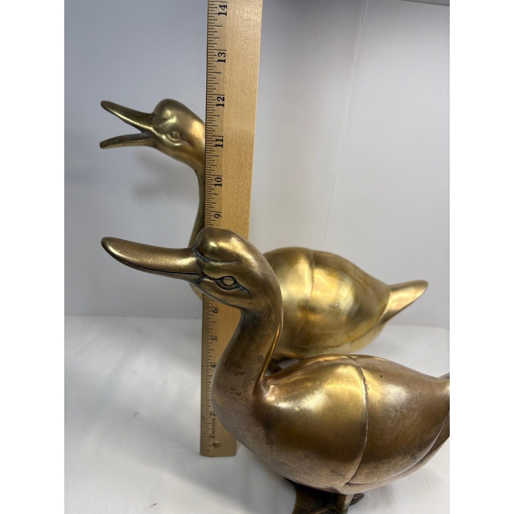 VTG Brass Duck Geese LARGE Figurines Pair MCM Farmhouse Cottagecore Grandmacore - Picture 6 of 10